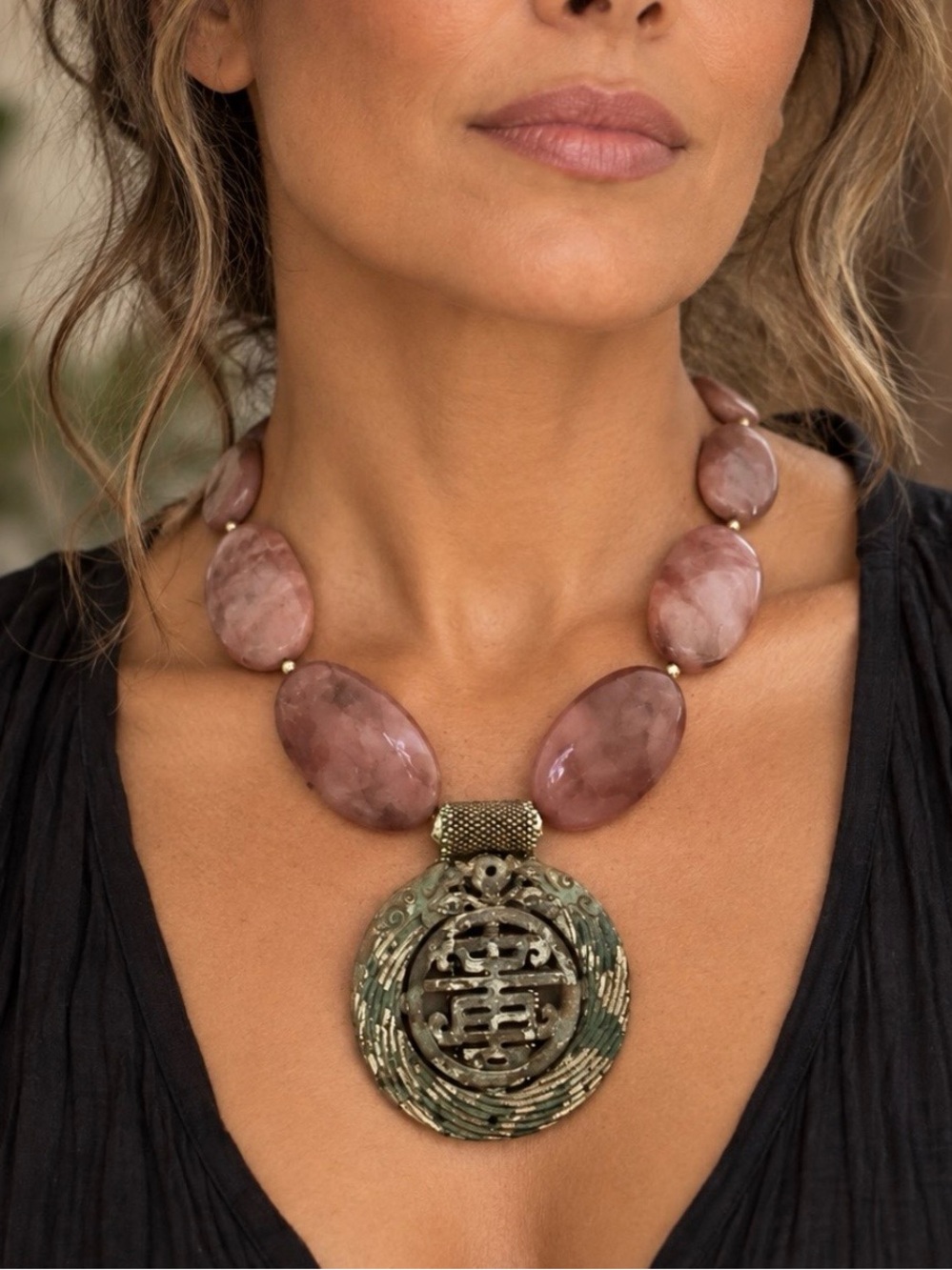 Handcrafted Rose Agate Statement Necklace with Old Jade Pendant